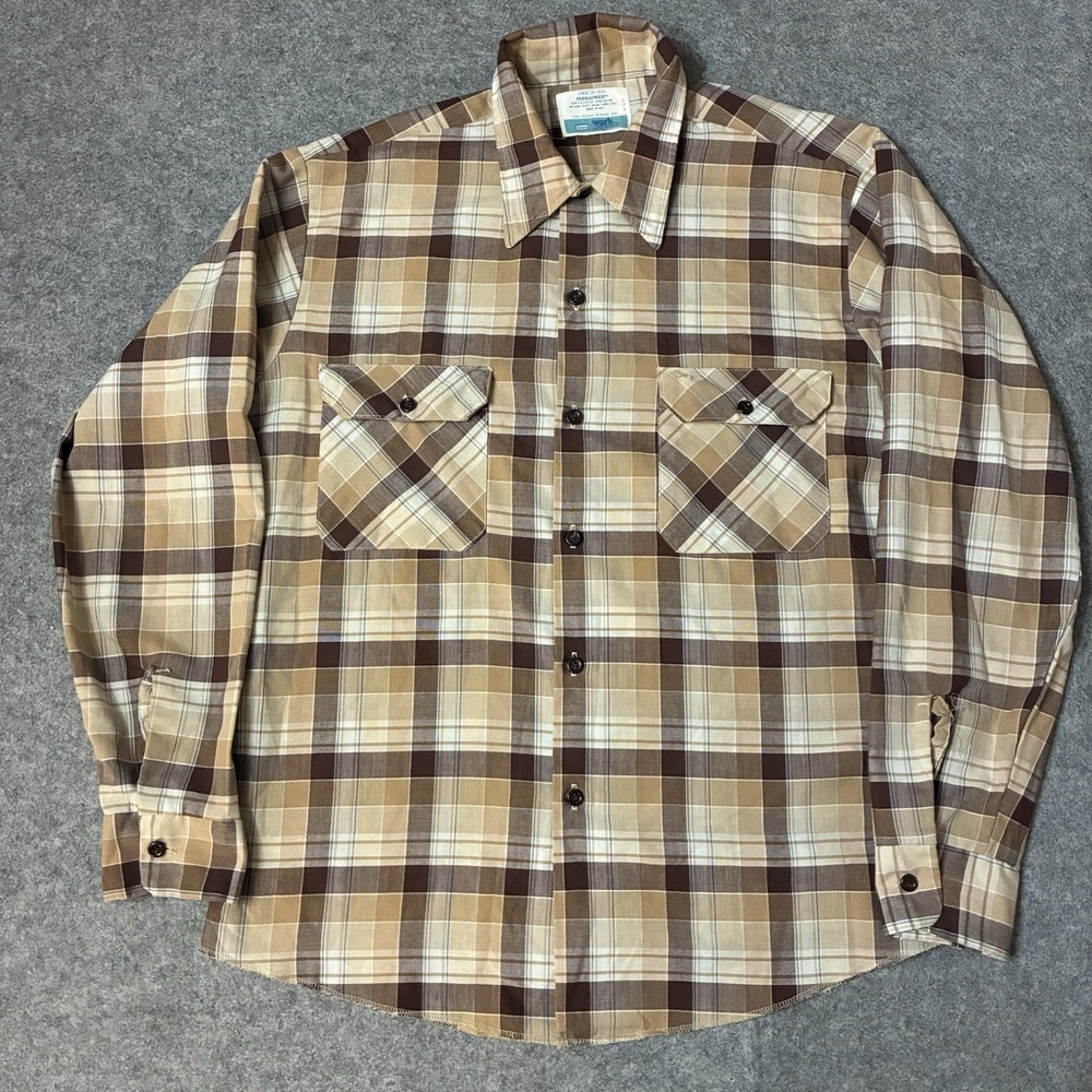 Vintage 70s Sears Work Leisure Plaid Workwear Utility Shirt Made in USA Mens L